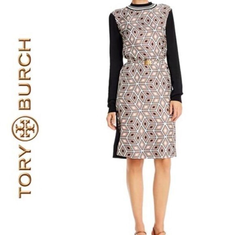 NWT Tory Burch Printed Silk-Front Sweater Dress